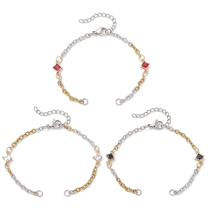 3 шт. 3 стили 304 изготовление браслета-цепочки из текстурированной нержавеющей стали, с латунным паве из стеклянного ромба, разноцветные