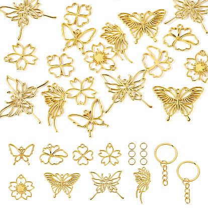 Kits de fabricación de llavero diy, 18pcs 9 estilos sistema de flores.byte[] colgantes de aleación con bisel abierto en la parte posterior, 20 llaveros partidos de hierro de las PC, 30 pcs anillos del salto de hierro
