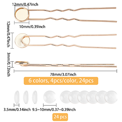 DIY Hair Fork Kits, Including Iron Hair Fork Findings, U-Shape, Flat Round Brass Cabochon Settings, Transparent Glass Cabochons