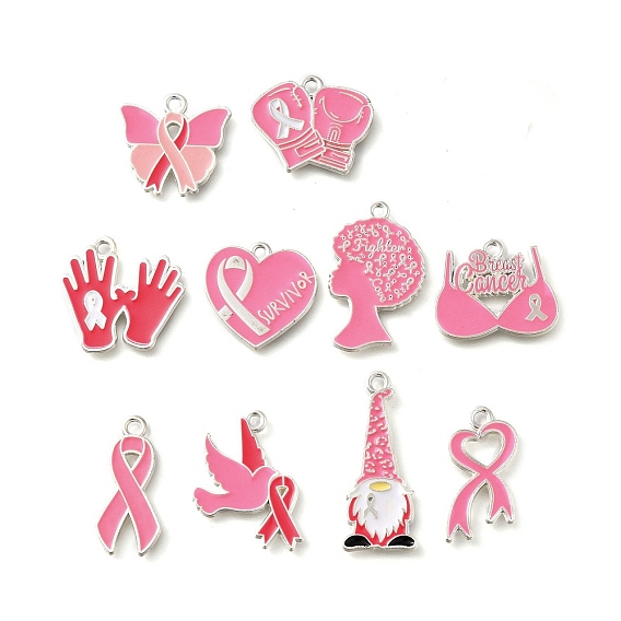 Розовая лента осведомленности о раке молочной железы, подвески из сплава с эмалью, серебряные