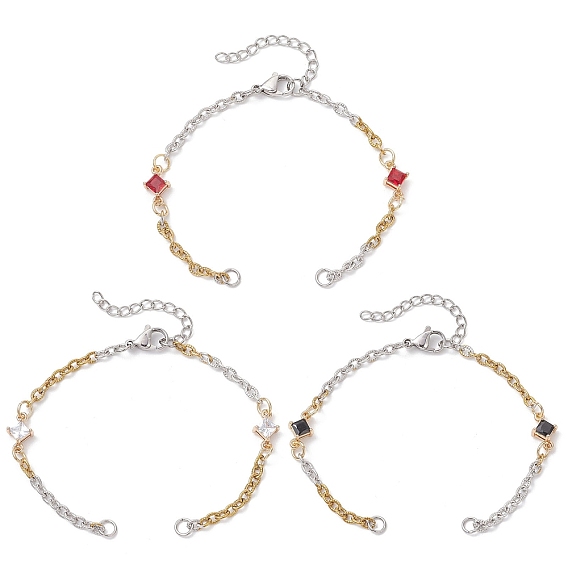 3 шт. 3 стили 304 изготовление браслета-цепочки из текстурированной нержавеющей стали, с латунным паве из стеклянного ромба, разноцветные