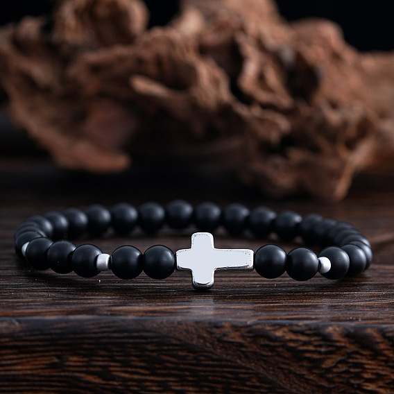 Стеклянные круглые бусины растянуть браслеты, Браслеты из синтетических немагнитных гематитовых бусин для мужчин и женщин, крестик