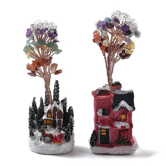 Рождественская тематика смоляной домик украшение дома, с натуральными смешанными драгоценными камнями в виде крошки для украшения стола в домашнем офисе, С батареей