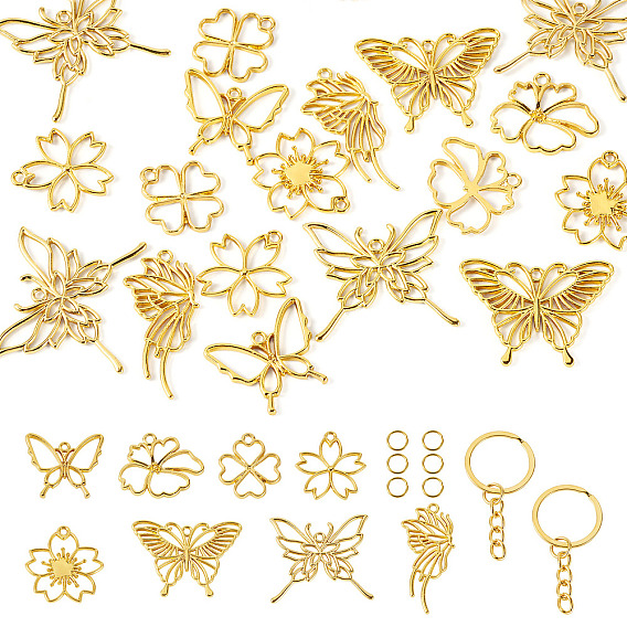 DIY Keychain Making Kits, 18Pcs 9 Styles Flower System.Byte[] Alloy Open Back Bezel Pendants, 20Pcs Iron Split Key Rings, 30Pcs Iron Jump Rings