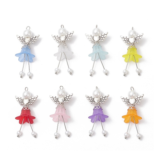 Подвески матовым акриловым, ангел, с фурнитурой из сплава и стеклянными жемчужными бусинами