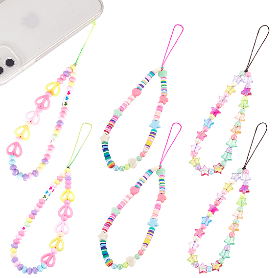 6pcs 3 Styles Resin Beaded Mobile Straps, Mixed Shapes