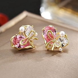 Alloy Rhinestone Heart Stud Earrings, Brass with Plastic Pearl Earrings
