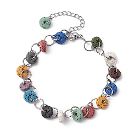 Bracelet en chaîne perlé à disque de pierre de lave naturelle teint, avec 304 inoxydable chaînes en acier