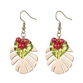 Iron Tropical Leaf Dangle Earrings with Glass Pearl Beaded, with 304 Stainless Steel Earrings Pins