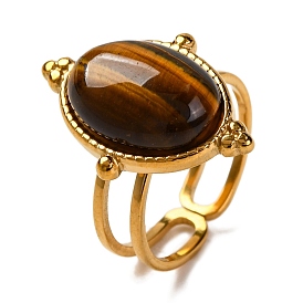 Oval Natural Tiger Eye Finger Rings, 304 Stainless Steel Cuff Rings for Unisex