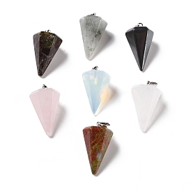 Natural & Synthetic Gemstone Pendants, with Platinum Tone Brass Findings, Faceted Cone