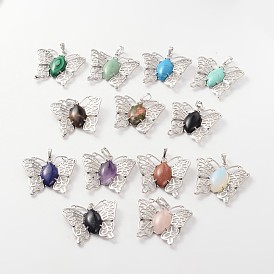 Butterfly Platinum Tone Brass Gemstone Pendants, Dyed, 43x45x7mm, Hole: 9x5mm