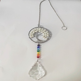 Big Pendant Decorations, Hanging Sun Catchers, Chakra Thme K9 Crystal Glass & Plastic Imitation Pearl Beads, Flat Round with Tree of Life