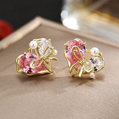 Alloy Rhinestone Heart Stud Earrings, Brass with Plastic Pearl Earrings