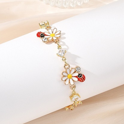 Браслеты из латуни с микропаве из прозрачных кубических цирконий и звеньями из латунной цепочки., 304 браслеты с подвесками из нержавеющей стали и эмалью для женщин, божья коровка и Дейзи