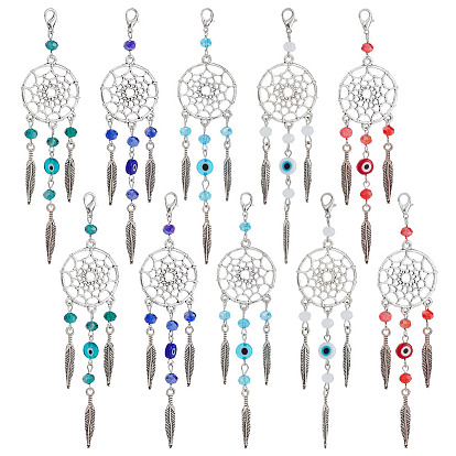 20 шт 5 стиль плетеная сетка/паутина с перьями тибетский стиль сплав подвесные украшения, талисманы с застежкой-лобстером от сглаза, подвески на клипсах, для брелка, кошелек, украшение для рюкзака, маркер стежка