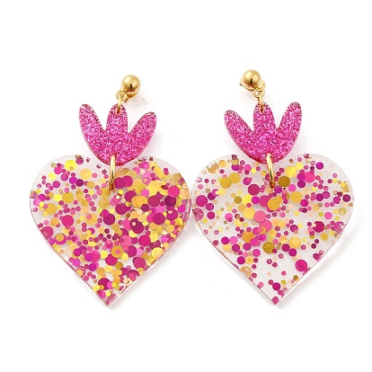Acrylic Heart Dangle Stud Earrings, Long Drop Earrings with 304 Stainless Steel Pins