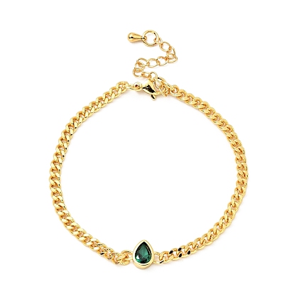 Cubic Zirconia Teardrop Link Bracelet with Curb Chains, Gold Plated Brass Jewelry for Women, Lead Free & Cadmium Free