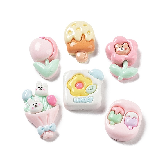 Непрозрачные кабошоны из смолы, кролик с тюльпаном и мишка с цветком и леденцом, разнообразные