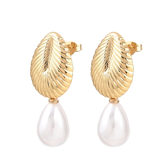 304 из нержавеющей стали болтаться серьги, с пластиковой имитационной жемчужиной, форма ракушки с каплей