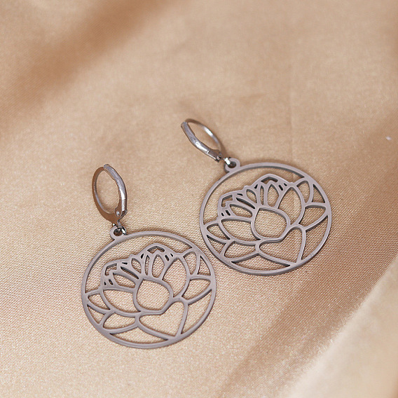 Серьги из 201 нержавеющей стали, полые плоские круглые с цветком