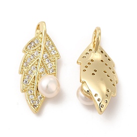 Brass Micro Pave Cubic Zirconia Pendants, with Pearl, Leaf Charm