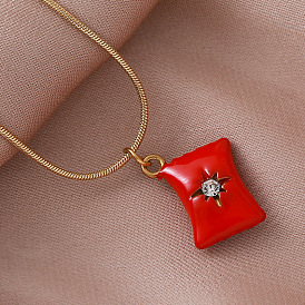 Vintage European 304 Stainless Steel Crystal Rhinestone Red Coin Candy Charm Necklaces with Enamel for Women