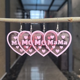 Акриловые серьги-подвески ко Дню матери, сердце со словом, платина