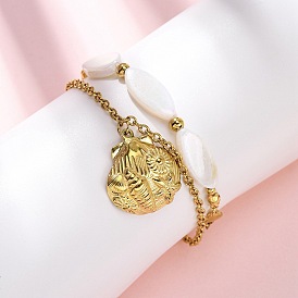 304 из нержавеющей стали браслеты многожильных, браслеты с подвесками для женщин, с белой скорлупой, ионное покрытие (ip)