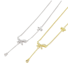 Brass Micro Pave Clear Cubic Zirconia Bowknot Pendant Necklaces, 304 Stainless Steel Cable Chain Necklaces