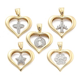 Rack Plating Brass with Cubic Zirconia Pendants, Long-Lasting Plated, Lead Free & Cadmium Free, Heart Charms