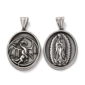 304 Stainless Steel Pendants, Antique Silver, Oval with Virgin Mary/Dragon Charm