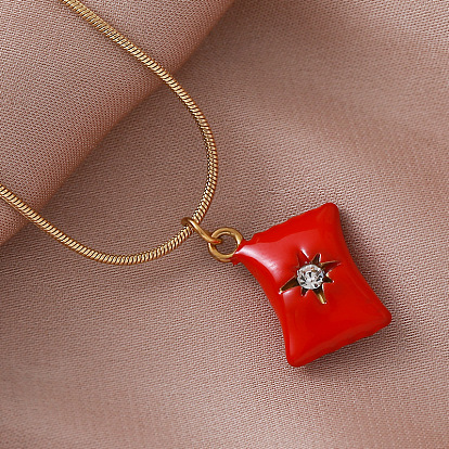 Vintage European 304 Stainless Steel Crystal Rhinestone Red Coin Candy Charm Necklaces with Enamel for Women