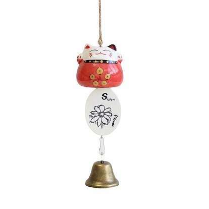Fortune Lucky Cat Porcelain Wind Chines, Outdoor, Home Hanging Decorations with Iron Bell and Sunflower Pattern Charms