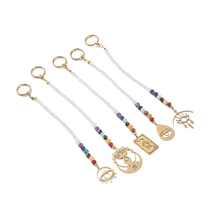 201 & 304 Stainless Steel Chakra Theme Yoga Lotus/Eye Pendant Decorate, with Natural Gemstone, Glass Beads, Brass & Iron Findings