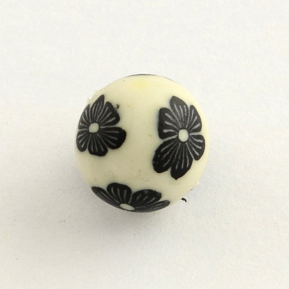 Handmade Flower Pattern Polymer Clay Beads, Round, 9~10mm, Hole: 1~2mm