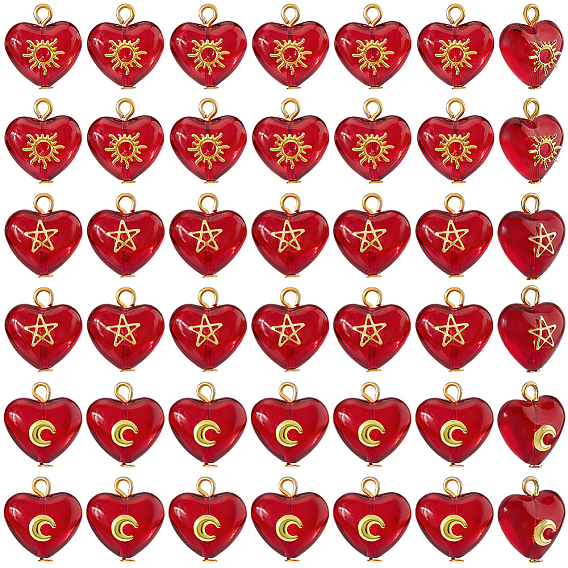 45шт 3 стили латунные стеклянные подвески в форме сердца, с золотой железной петлей