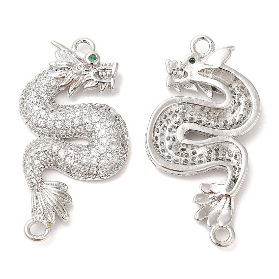 Brass Micro Pave Clear Cubic Zirconia Connector Charms, Lead Free & Cadmium Free, Dragon