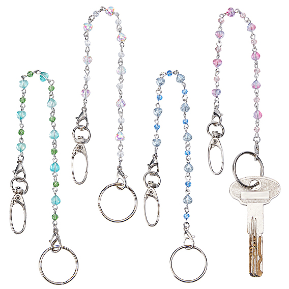 4шт. стеклянные бусины брелок, с железными поворотными карабинами, застежками и кольцом