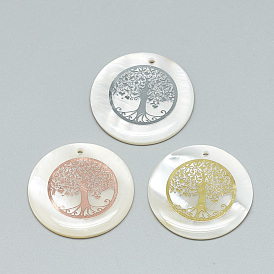 Freshwater Shell Pendants, Covered with Iron Findings, Flat Round with Tree of Life