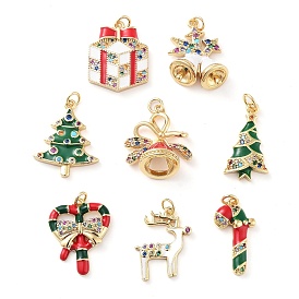 Christmas Theme Rack Plating Brass Pendants, Micro Pave Colorful Grade AAA Cubic Zirconia, with Enamel and Jump Ring, Long-Lasting Plated, Cadmium Free & Lead Free