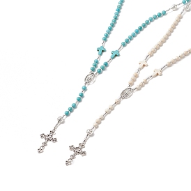 Ожерелье из четок из натуральной лавы и синтетической бирюзы, крест из сплава с ожерельем с подвеской Девы Марии для женщин