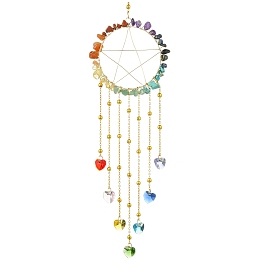 Heart Glass Pendant Decoration, Hanging Suncatchers, with Ring 304 Stainless Steel Finding, Brass Finding & Chakra Gemstone Chip Beads