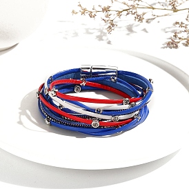 USA Flag Style Independence Day Red Blue White Imitation Leather Cord Bracelet, with Magnetic Clasps