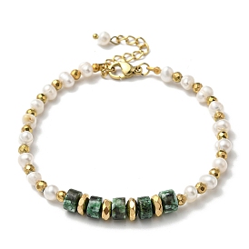 Natural Pearl & Malachite Beaded Bracelets, Ion Plating(IP) 304 Stainless Steel Jewelry for Women