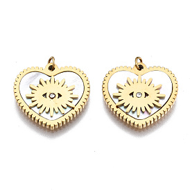 316 Surgical Stainless Steel Rhinestone Charms, with Shell and Jump Rings, Heart with Sun