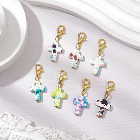 Synthetic Turquoise Cross Pendant Decorations, Alloy Lobster Claw Clasps Charms for Bag Ornaments