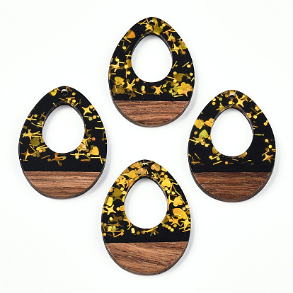 Opaque Resin & Walnut Wood Pendants, Hollow Teardrop Charms with Paillettes