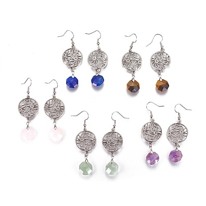 Mixed Gemstone Dangle Earrings, with Brass Pins and Alloy Pendants, Flat Round with Flower