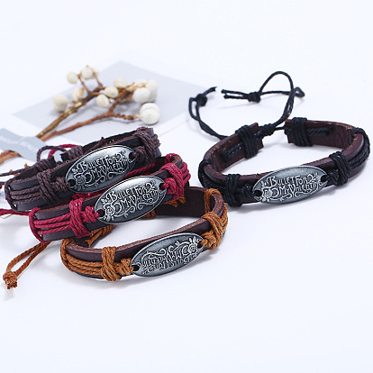 Adjustable Cowhide Cord Bracelets for Men, Antique Silver Tone Oval Alloy Links Bracelets